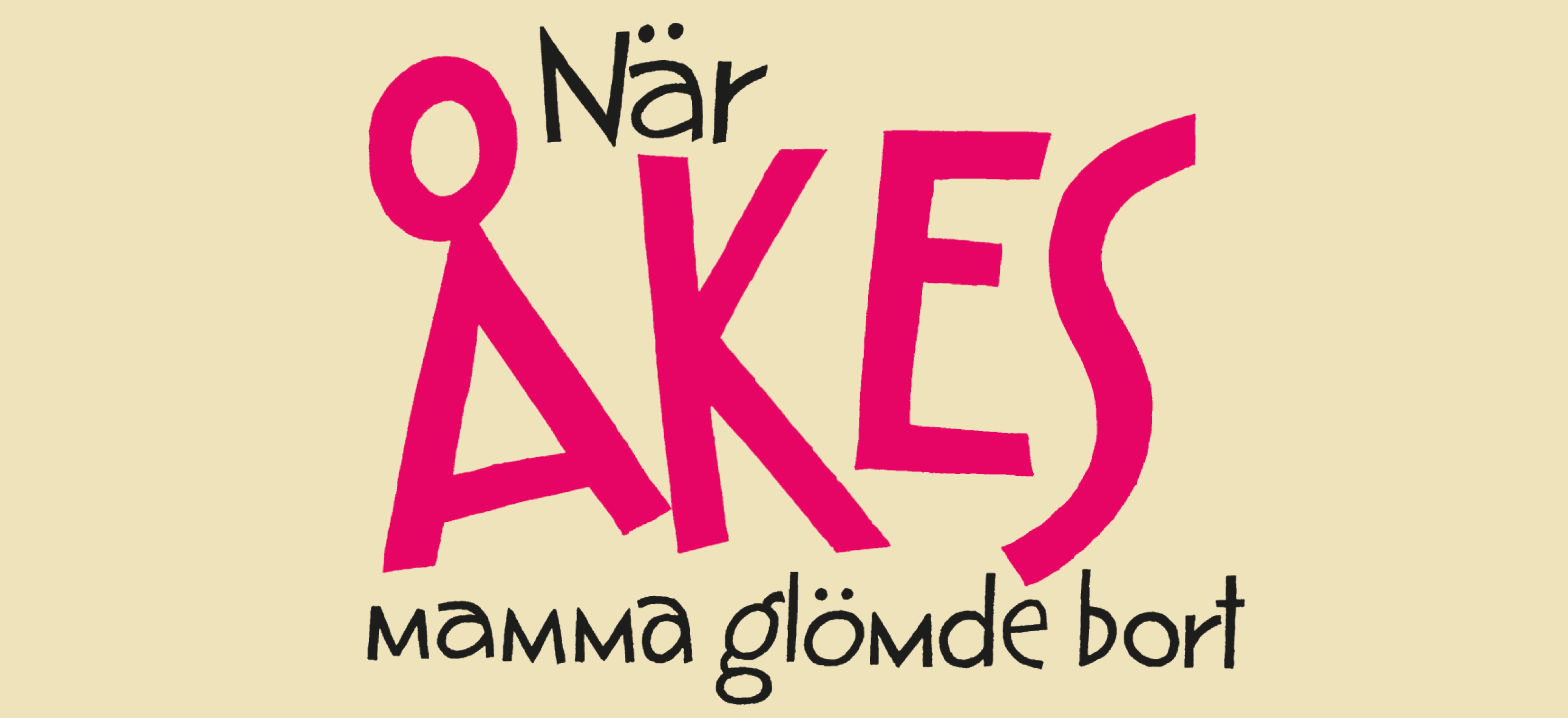 Texten När Åkes mamma glömde bort i stark rosa mot en ljusgul bakgrund